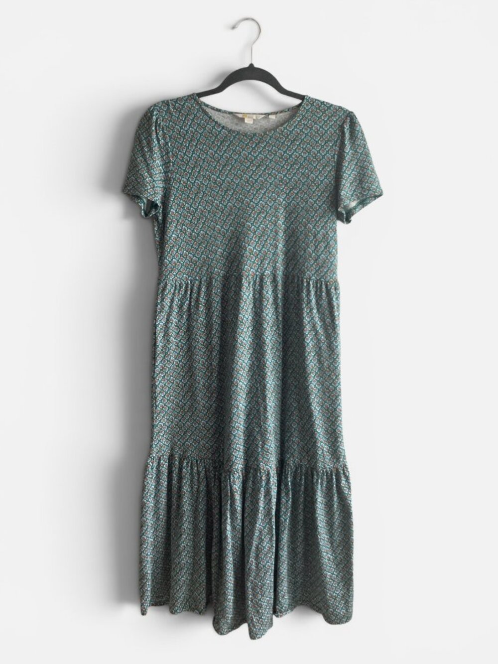 Boden Emma Tiered Midi Dress Green Floral Cotton Tencel Short Sleeve US 4P